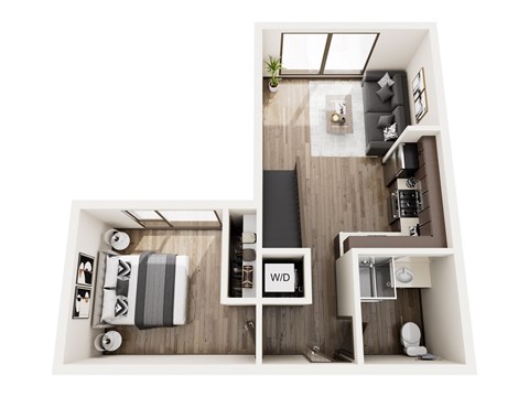 Floor plan for 1 bed, 1 bath, 621 sqft